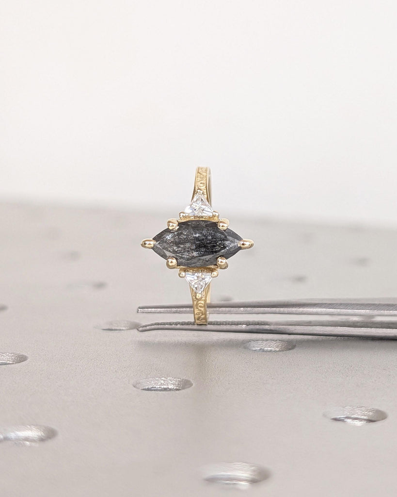 Vintage Filigree Marquise and Triangle Cut Diamond Ring, Solid 14K Yellow Gold Art Deco Engagement Wedding Ring for Women, Anniversary Ring image #8