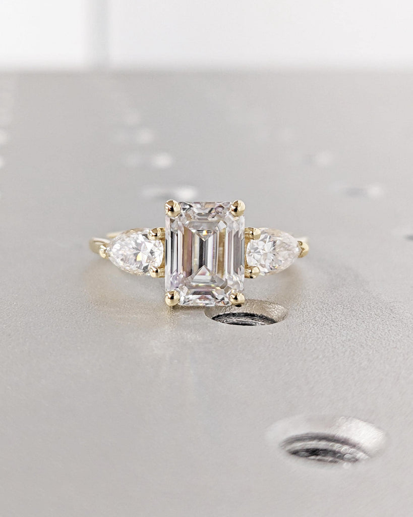 Emerald Cut Lab Grown Diamond Ring, Three Stone Engagement Ring, 14K Solid Yellow Gold image #2