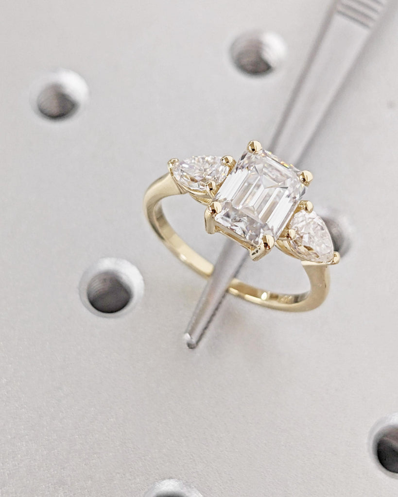 Emerald Cut Lab Grown Diamond Ring, Three Stone Diamond Engagement Ring, Emerald and Pear Cut, IGI Certified, 14K Gold Vintage Wedding Ring image #3