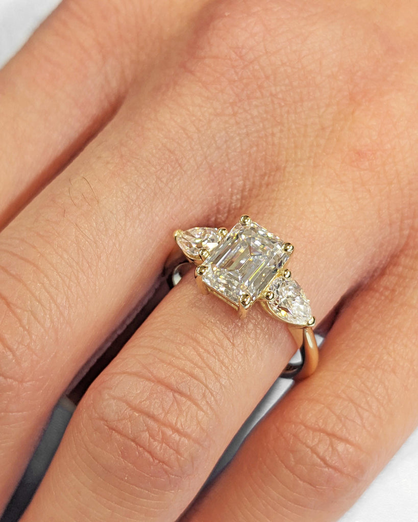 Emerald Cut Lab Grown Diamond Ring, Three Stone Diamond Engagement Ring, Emerald and Pear Cut, IGI Certified, 14K Gold Vintage Wedding Ring image #2