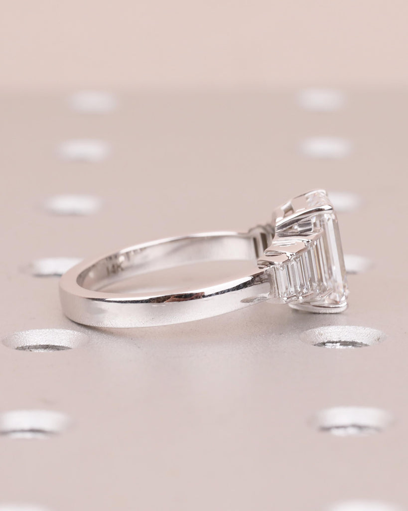 14k Gold Emerald Cut Moissanite Engagement Ring with Baguette Side Stones, Hidden Opal image #13