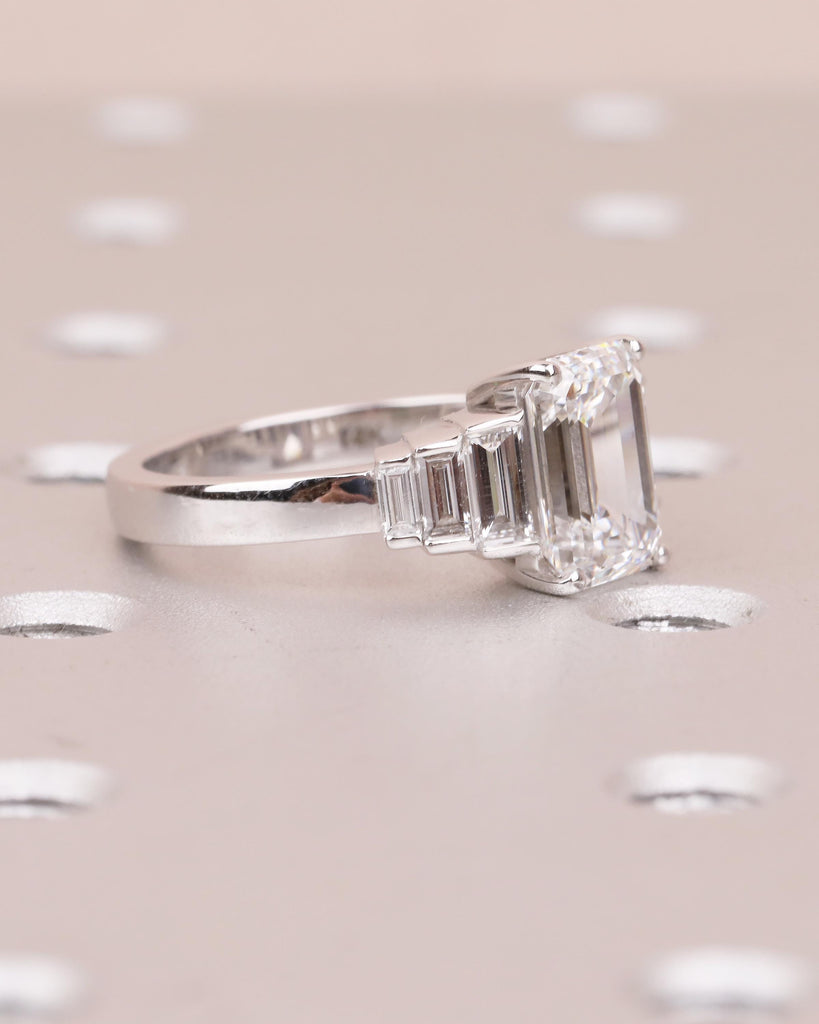 14k Gold Emerald Cut Moissanite Engagement Ring with Baguette Side Stones, Hidden Opal image #8