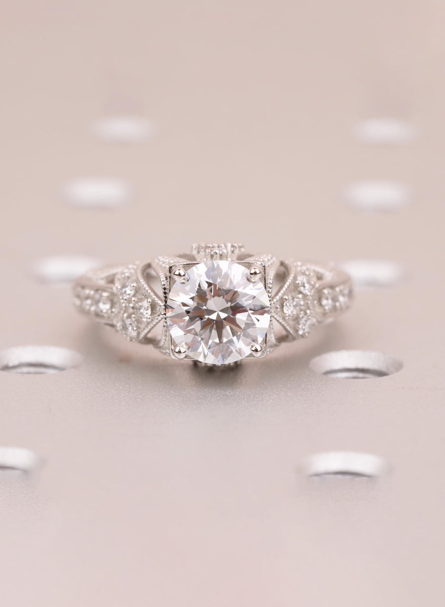 Labrine Engagement Rings Lab Diamond Engagement Ring - Hand Engraved Milgrain Wedding Band - Vi ...