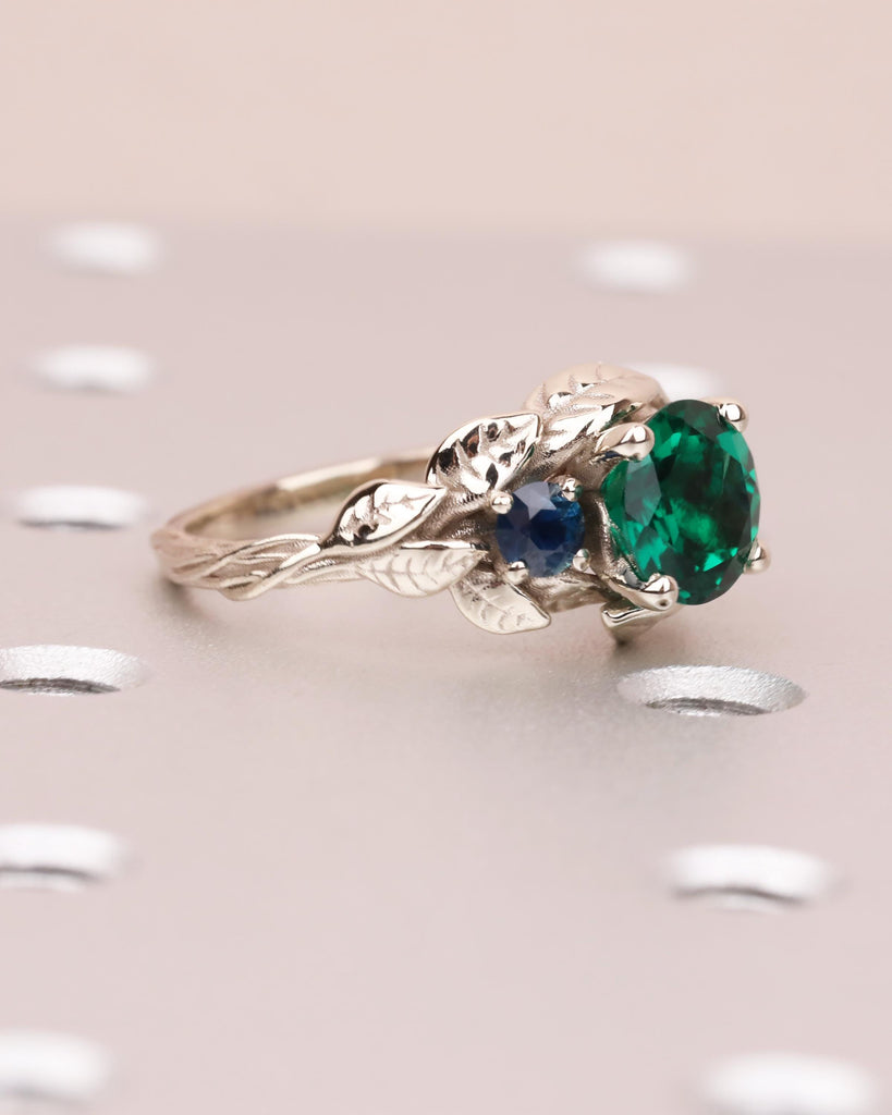 Nature Inspired Emerald Engagement Ring, Branch Emerald Engagement Ring, Leaf Emerald Ring, Art Deco, Trellis, Peacock Sapphire, White Gold image #6