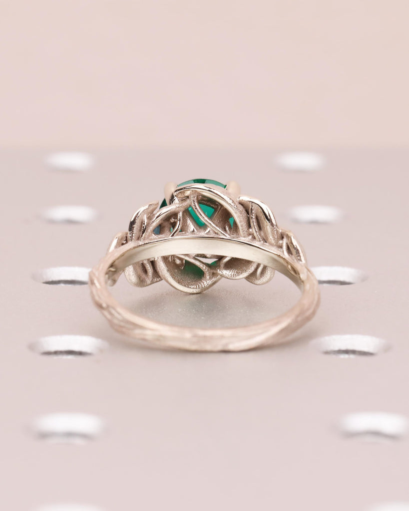 Emerald & Sapphire Nature Inspired Ring, Forest Leaf Ring, Three Stone Engagement Ring, 14K White Gold image #7