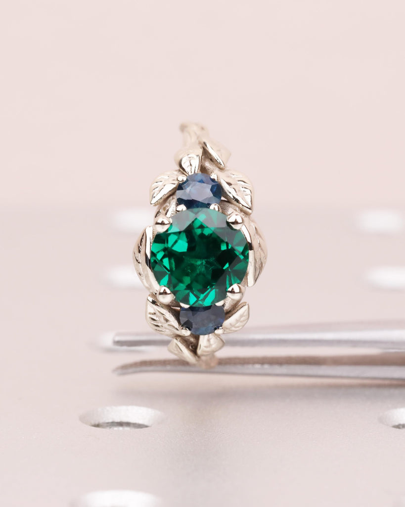 Nature Inspired Emerald Engagement Ring, Branch Emerald Engagement Ring, Leaf Emerald Ring, Art Deco, Trellis, Peacock Sapphire, White Gold image #3
