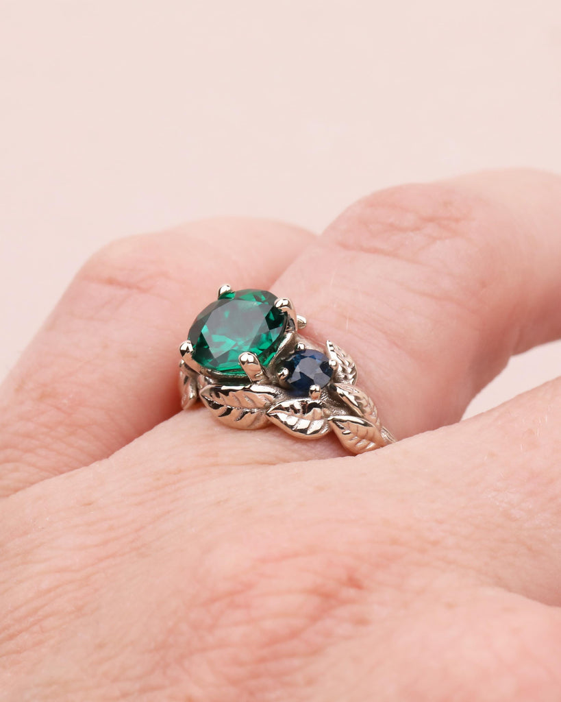 Nature Inspired Emerald Engagement Ring, Branch Emerald Engagement Ring, Leaf Emerald Ring, Art Deco, Trellis, Peacock Sapphire, White Gold image #10