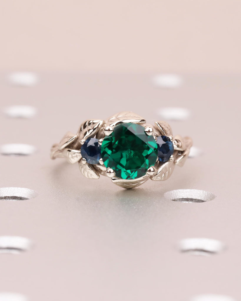 Nature Inspired Emerald Engagement Ring, Branch Emerald Engagement Ring, Leaf Emerald Ring, Art Deco, Trellis, Peacock Sapphire, White Gold image #2
