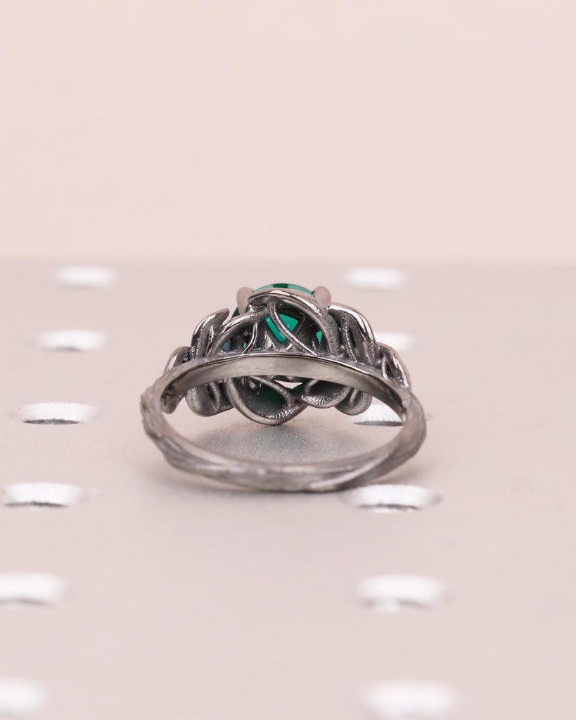 Emerald & Sapphire Nature Inspired Ring, Forest Leaf Ring, Three Stone Engagement Ring, 14K Black Gold image #8