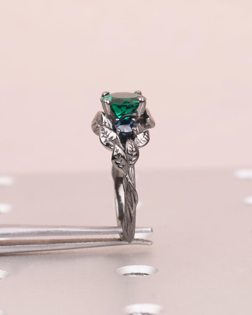 Emerald & Sapphire Nature Inspired Ring, Forest Leaf Ring, Three Stone Engagement Ring, 14K Black Gold image #6