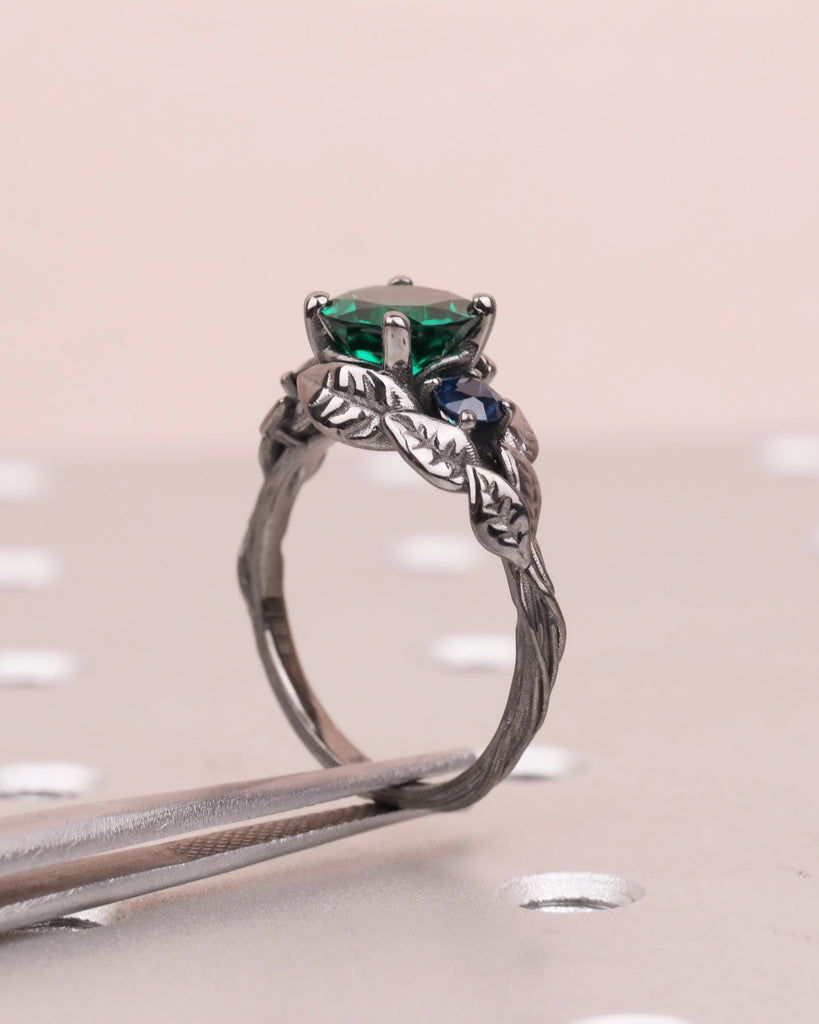 Nature Inspired Emerald Engagement Ring, Branch Emerald Engagement Ring, Leaf Emerald Ring, Art Deco, Trellis, Peacock Sapphire, Black Gold image #7