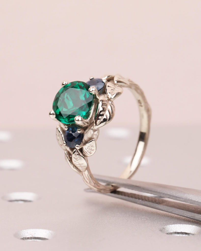Emerald & Sapphire Nature Inspired Ring, Forest Leaf Ring, Three Stone Engagement Ring, 14K White Gold image #3