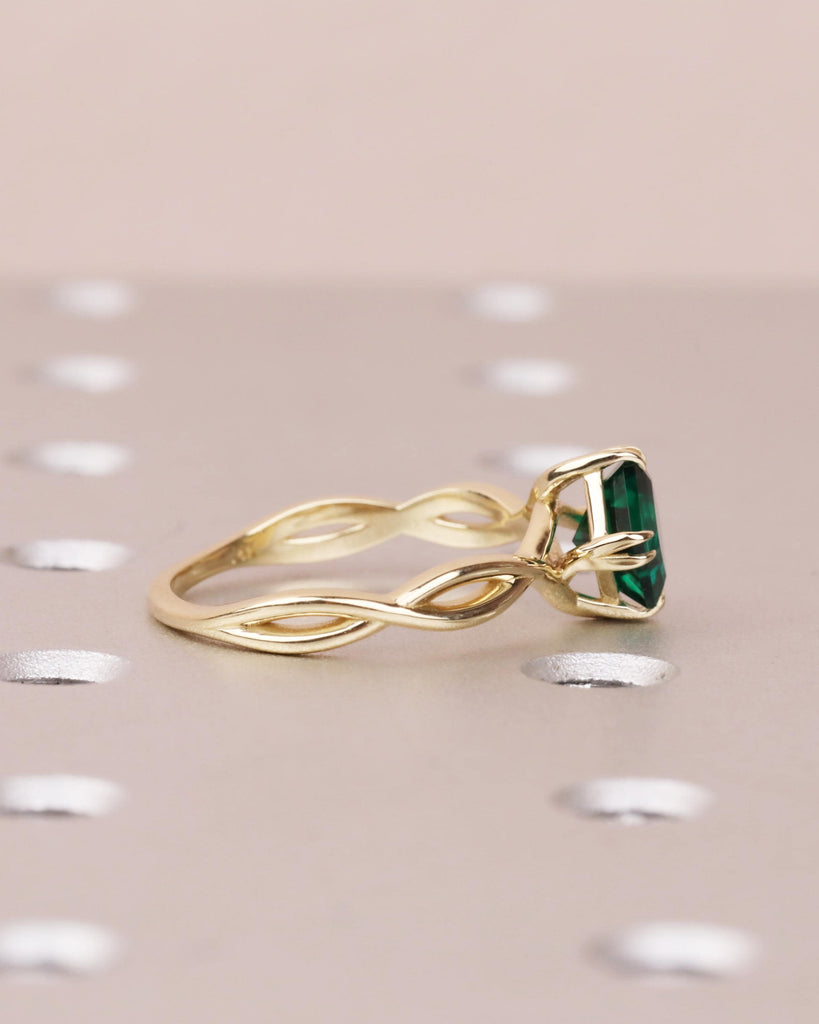 Asscher Cut Emerald Engagement Ring | Twisted Braided Band Ring | 14K Yellow Gold Emerald Ring with Double Claw Prongs | May Birthstone Ring image #8