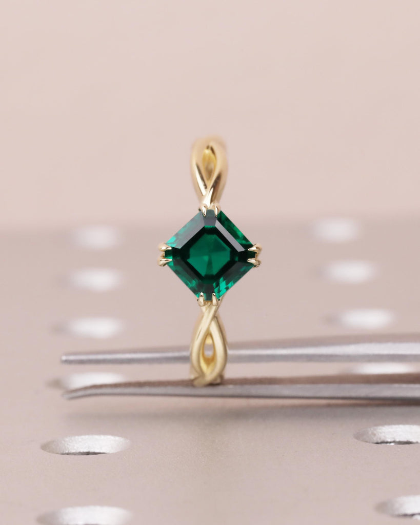 Asscher Cut Emerald Engagement Ring | Twisted Braided Band Ring | 14K Yellow Gold Emerald Ring with Double Claw Prongs | May Birthstone Ring image #2
