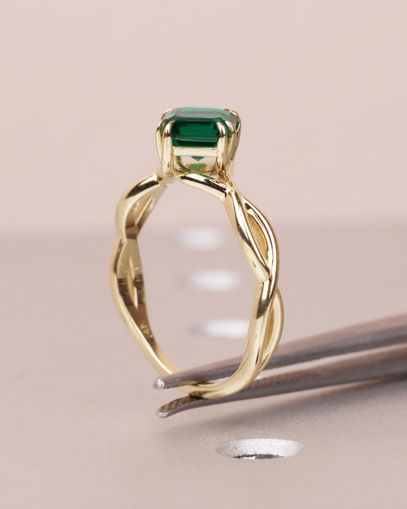 Asscher Cut Emerald Engagement Ring | Twisted Braided Band Ring | 14K Yellow Gold Emerald Ring with Double Claw Prongs | May Birthstone Ring image #6