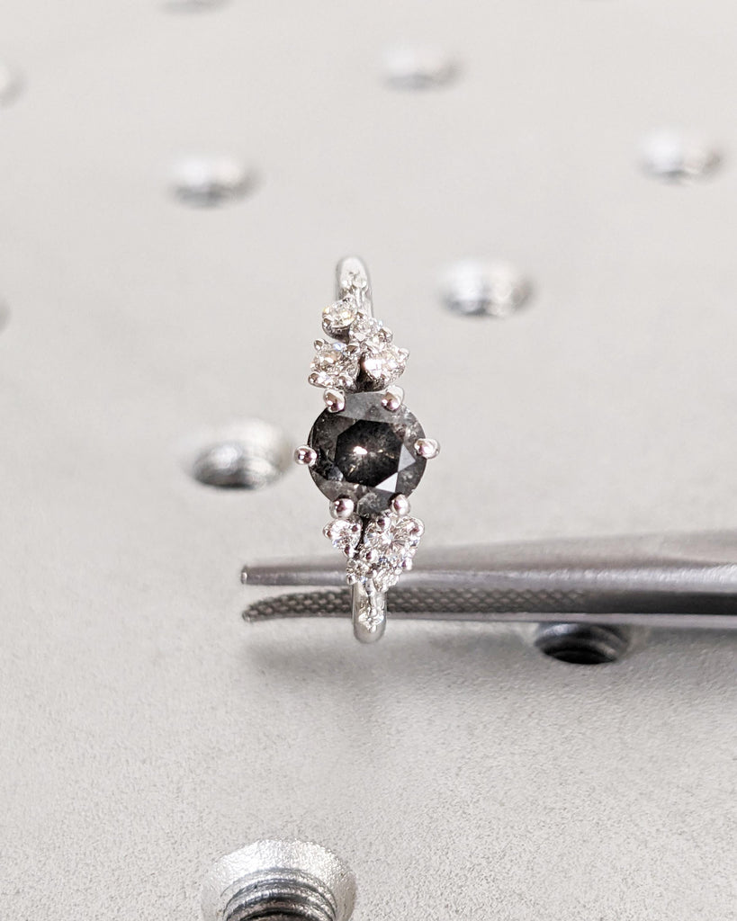 Round Salt and Pepper Diamond Ring, Vintage Diamond Engagement Ring, Solid Gold Unique Snowdrift Cluster Promise Ring, Art Deco Wedding Ring image #7