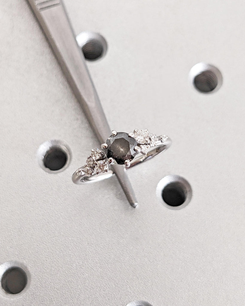 Round Salt & Pepper Diamond Engagement Ring | Snowdrift Ring | Cluster Ring | 14K White Gold image #3