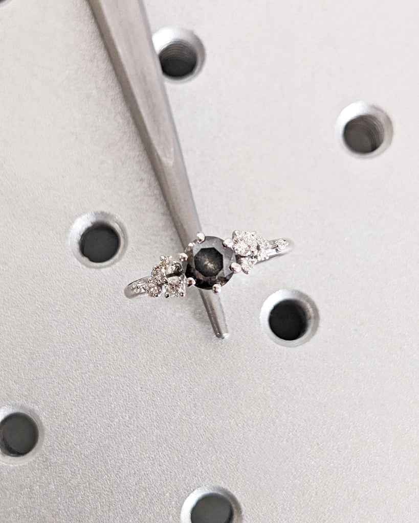 Round Salt and Pepper Diamond Ring, Vintage Diamond Engagement Ring, Solid Gold Unique Snowdrift Cluster Promise Ring, Art Deco Wedding Ring image #3