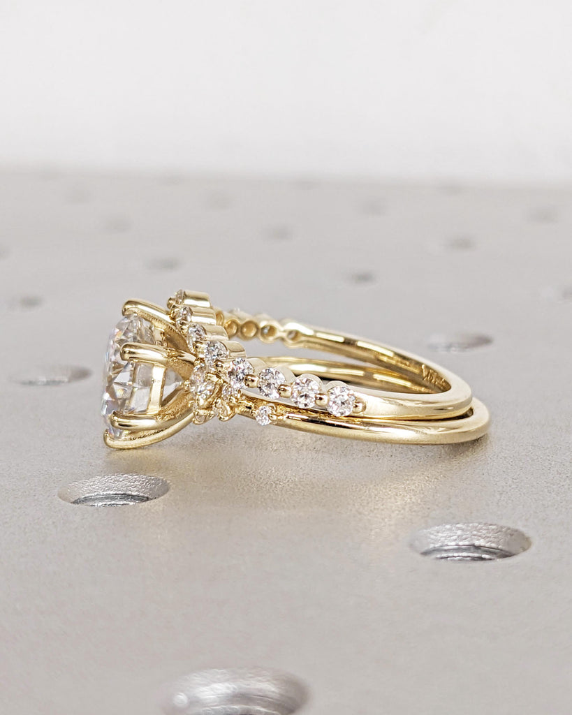 Vintage Engagement Ring Set: IGI Certified Lab Grown Diamond, Snowdrift Cluster Ring, Curved Wedding Band, 14K Solid Gold Rings image #4