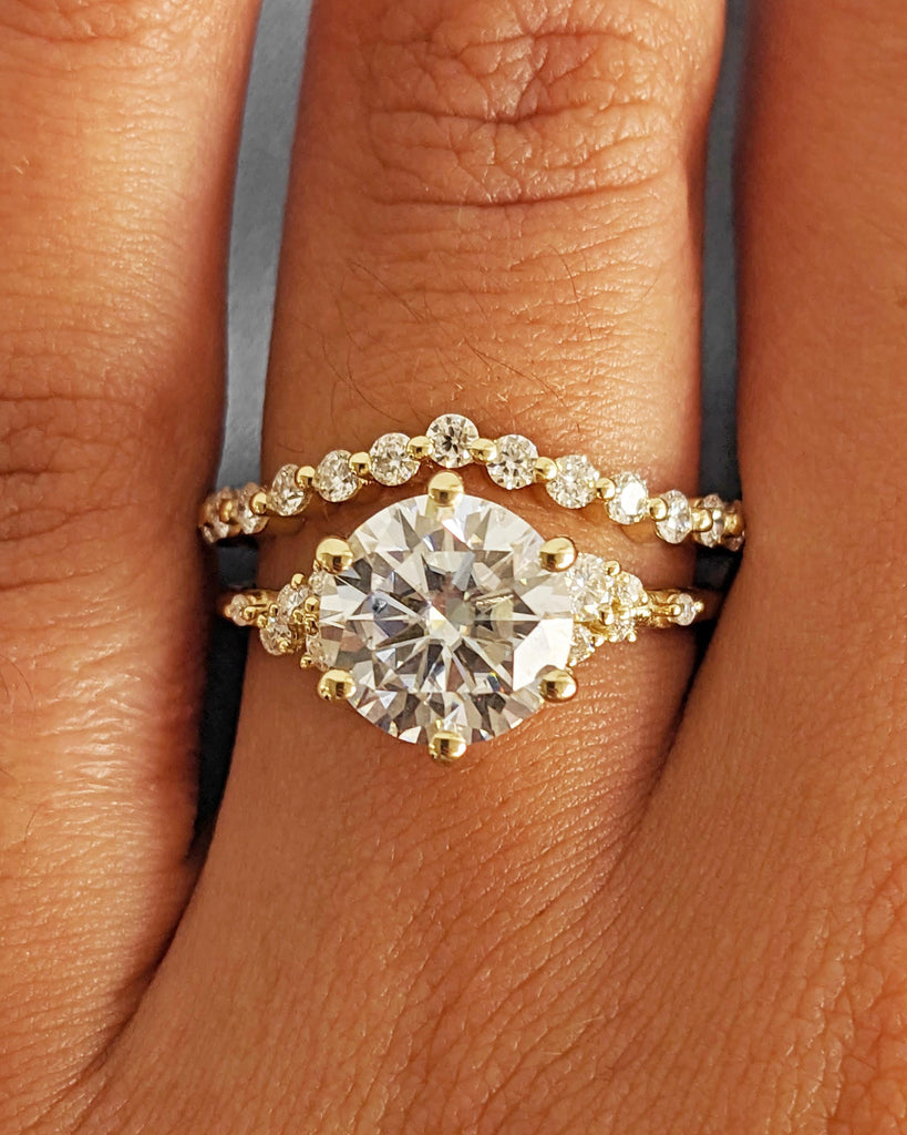 Vintage Engagement Ring Set: IGI Certified Lab Grown Diamond, Snowdrift Cluster Ring, Curved Wedding Band, 14K Solid Gold Rings image #2