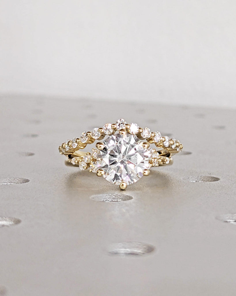 Vintage Lab Grown Diamond Solid Gold Engagement Ring Set, Unique Snowdrift Diamond Cluster Promise Ring Set, Half Eternity Lab Diamond Band