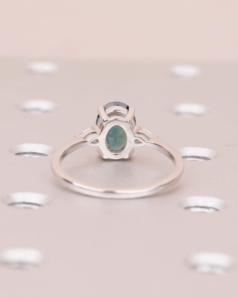 Oval Engagement Ring, 18k White Gold Pear Cut Diamond and Teal Sapphire Ring image #6