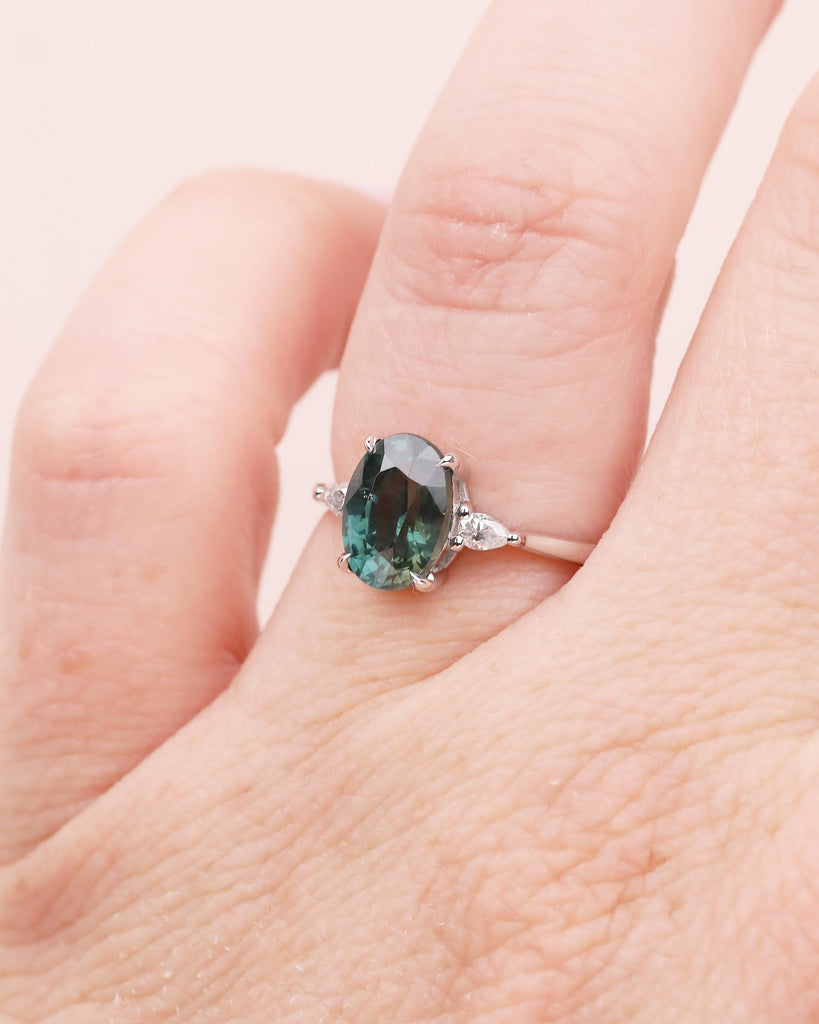 Oval Engagement Ring, 18k White Gold Pear Cut Diamond and Teal Sapphire Ring image #9