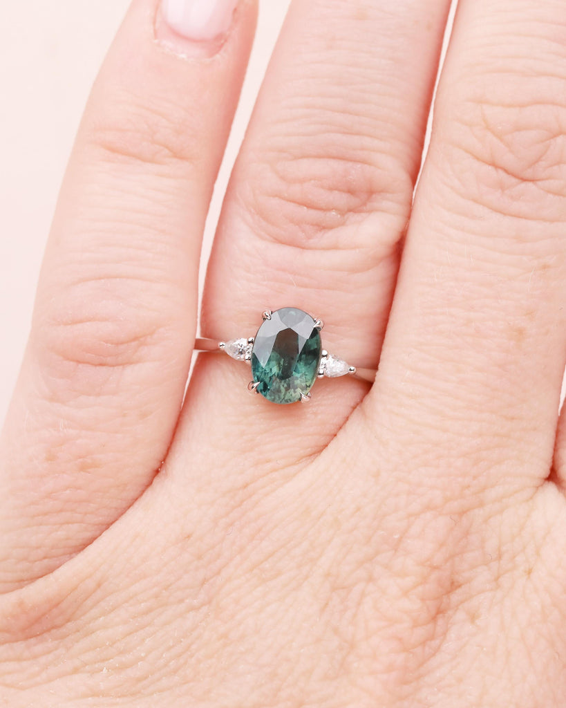 Oval Engagement Ring, 18k White Gold Pear Cut Diamond and Teal Sapphire Ring image #14