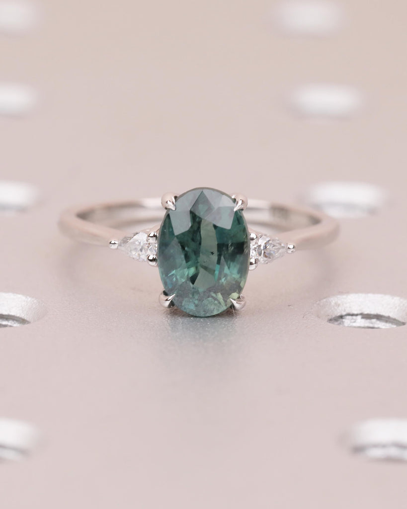 Oval Engagement Ring, 18k White Gold Pear Cut Diamond and Teal Sapphire Ring image #10
