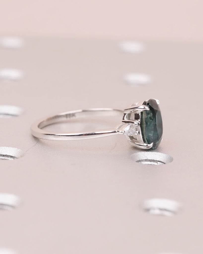 2ct Oval Teal Sapphire Engagement Ring, Art Deco 18k White Gold Ring, Diamond and Green Sapphire Three Stone Ring, September Birthstone Ring image #3