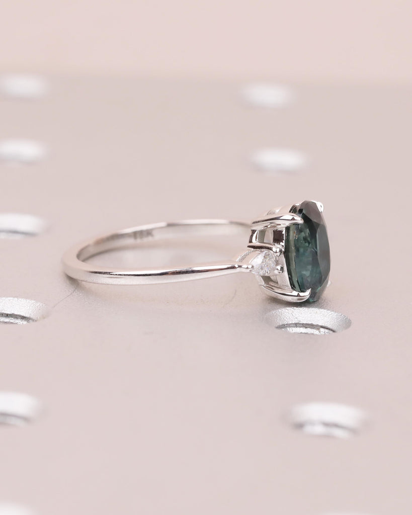 Oval Engagement Ring, 18k White Gold Pear Cut Diamond and Teal Sapphire Ring image #3
