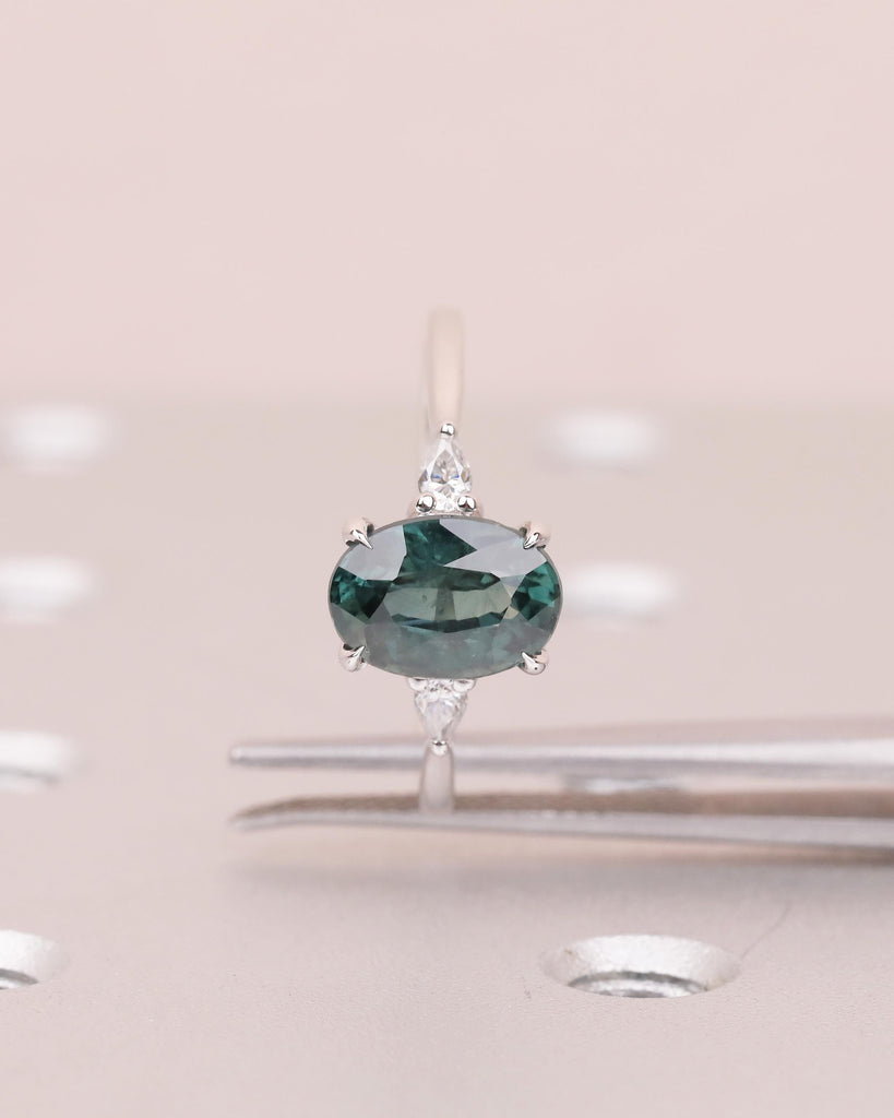 2ct Oval Teal Sapphire Engagement Ring, Art Deco 18k White Gold Ring, Diamond and Green Sapphire Three Stone Ring, September Birthstone Ring image #4