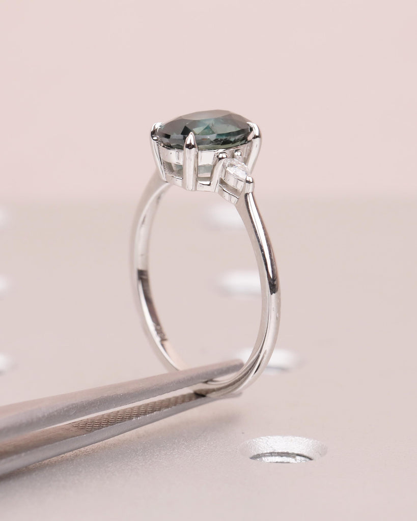 Oval Engagement Ring, 18k White Gold Pear Cut Diamond and Teal Sapphire Ring image #11