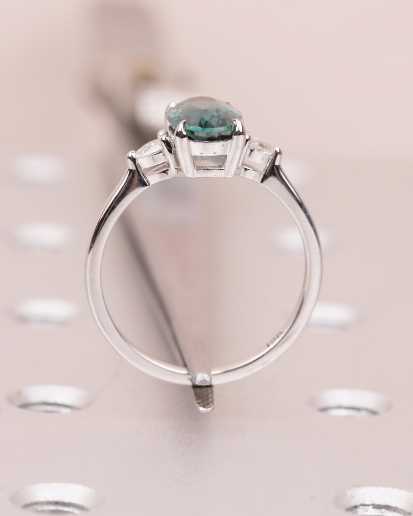 Oval Engagement Ring, 18k White Gold Pear Cut Diamond and Teal Sapphire Ring image #7