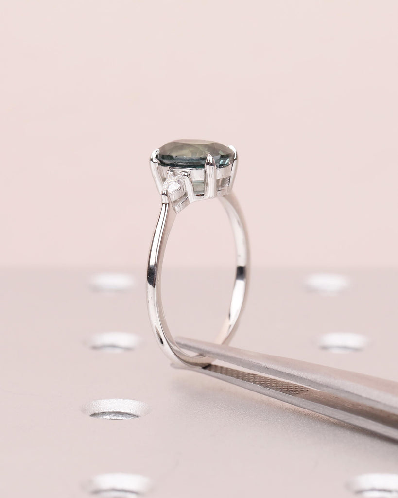 Oval Engagement Ring, 18k White Gold Pear Cut Diamond and Teal Sapphire Ring image #15