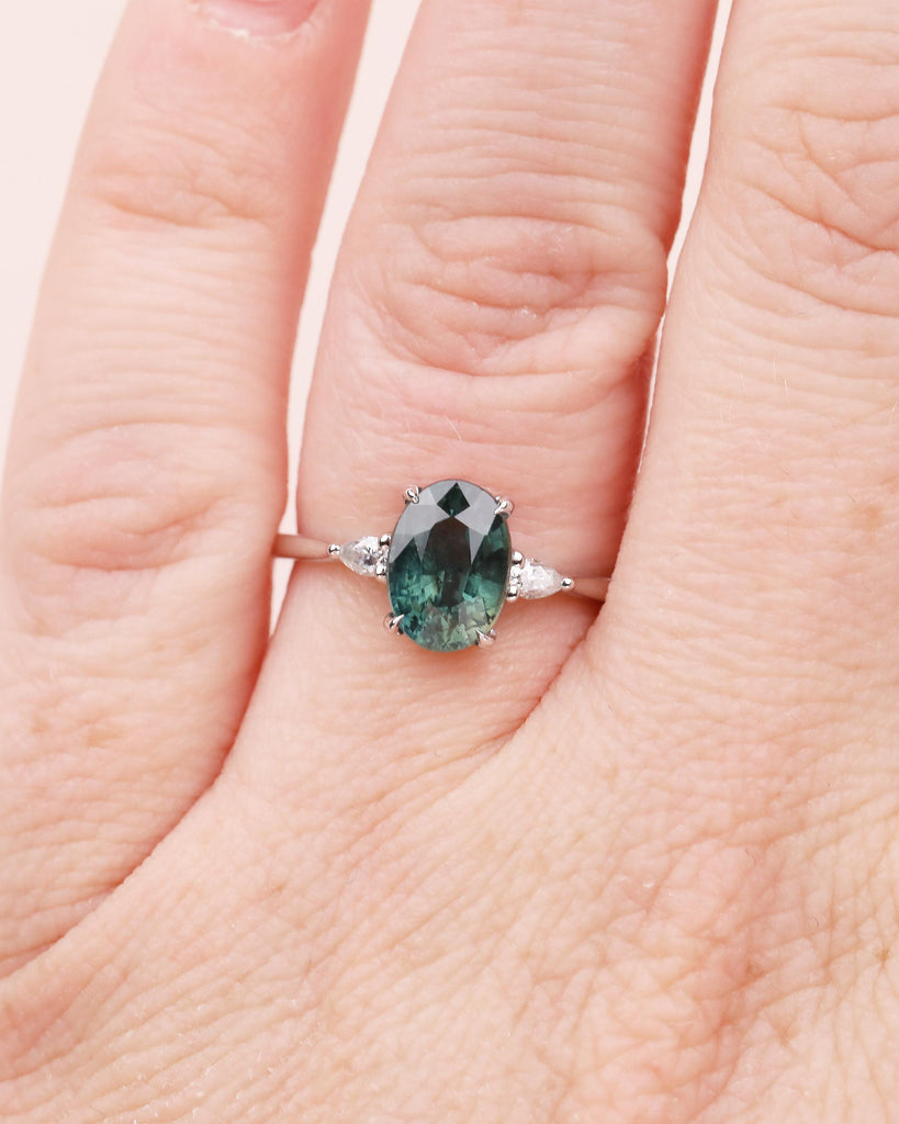 2ct Oval Teal Sapphire Engagement Ring, Art Deco 18k White Gold Ring, Diamond and Green Sapphire Three Stone Ring, September Birthstone Ring image #2