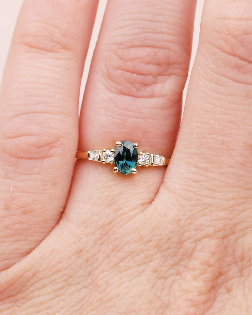 0.5ct Teal Sapphire Ring, 14k Yellow Gold Oval Engagement Ring, September Birthstone Jewelry image #16