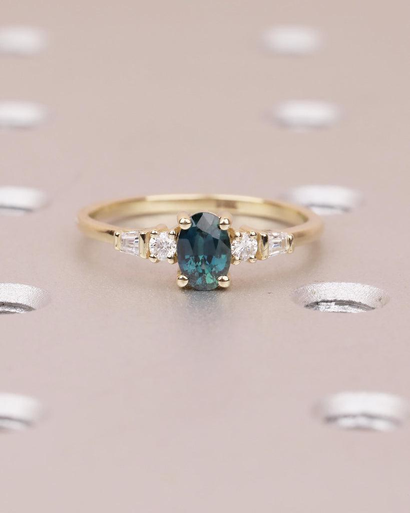 0.5ct Teal Sapphire Ring, 14k Yellow Gold Oval Engagement Ring, September Birthstone Jewelry image #9