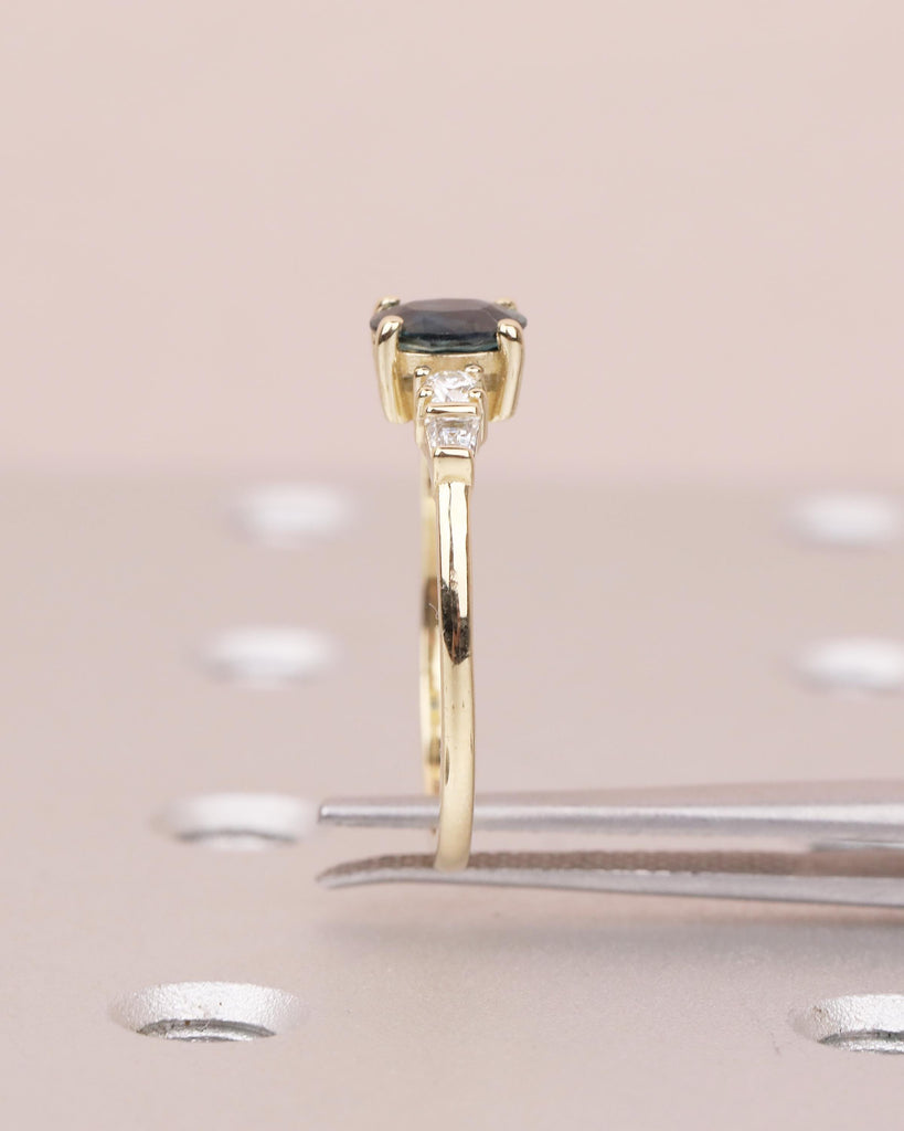 0.5ct Teal Sapphire Ring, 14k Yellow Gold Oval Engagement Ring, September Birthstone Jewelry image #14