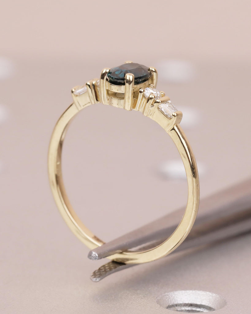 0.5ct Teal Sapphire Ring, 14k Yellow Gold Oval Engagement Ring, September Birthstone Jewelry image #13