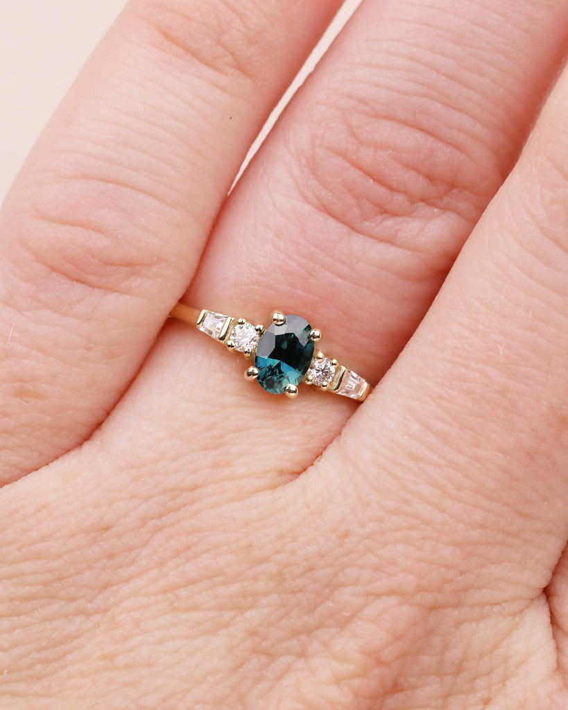 0.5ct Teal Sapphire Ring, 14k Yellow Gold Oval Engagement Ring, September Birthstone Jewelry image #17