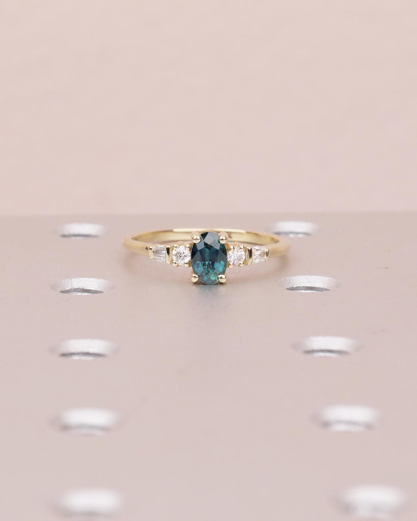 0.5ct Teal Sapphire Ring, 14k Yellow Gold Oval Engagement Ring, September Birthstone Jewelry image #3