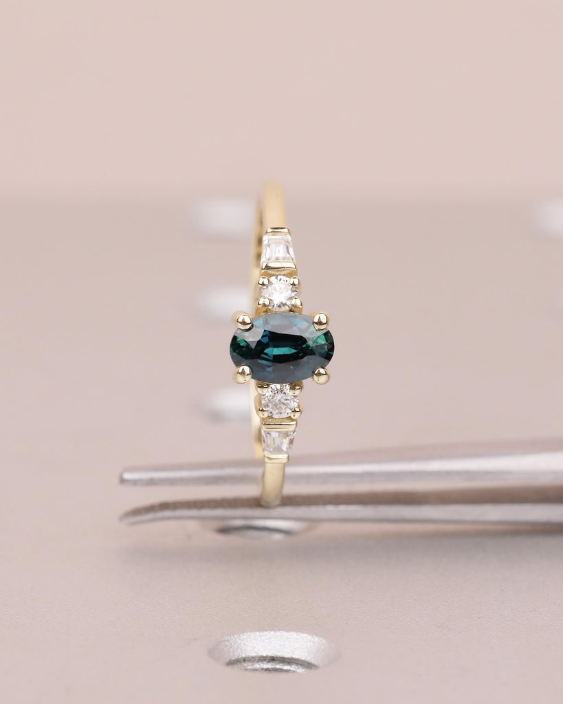 0.5ct Teal Sapphire Ring, 14k Yellow Gold Oval Engagement Ring, September Birthstone Jewelry image #2
