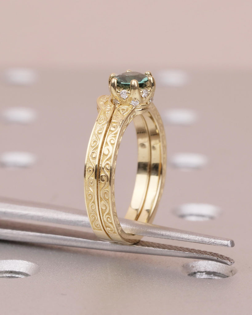 Art Deco 14k Gold Bridal Ring Set, Peacock Sapphire Engagement Ring, Birthstone Jewelry image #5