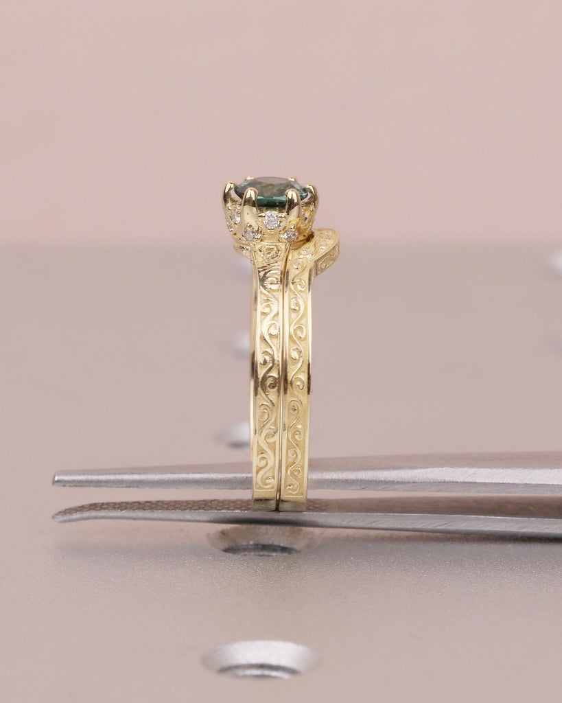 Art Deco 14k Gold Bridal Ring Set, Peacock Sapphire Engagement Ring, Birthstone Jewelry image #12