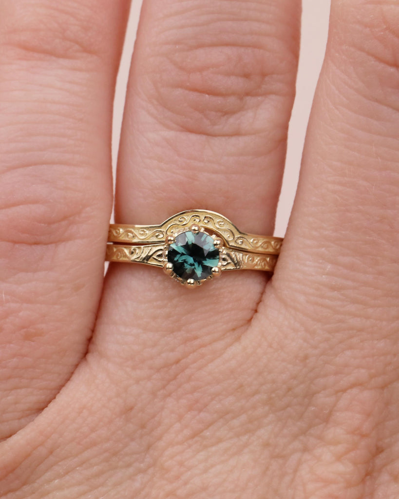 0.5ct Round Teal Sapphire Engagement Ring Set | Vintage Style 14k Yellow Gold Filigree Ring | Diamond Hidden Halo Ring | Stackable Rings image #2