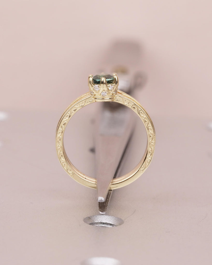 0.5ct Teal Sapphire Ring, 14k Gold Scrollwork Engagement Ring Set, September Birthstone Rings image #6