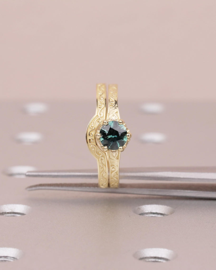 0.5ct Round Teal Sapphire Engagement Ring Set | Vintage Style 14k Yellow Gold Filigree Ring | Diamond Hidden Halo Ring | Stackable Rings image #4