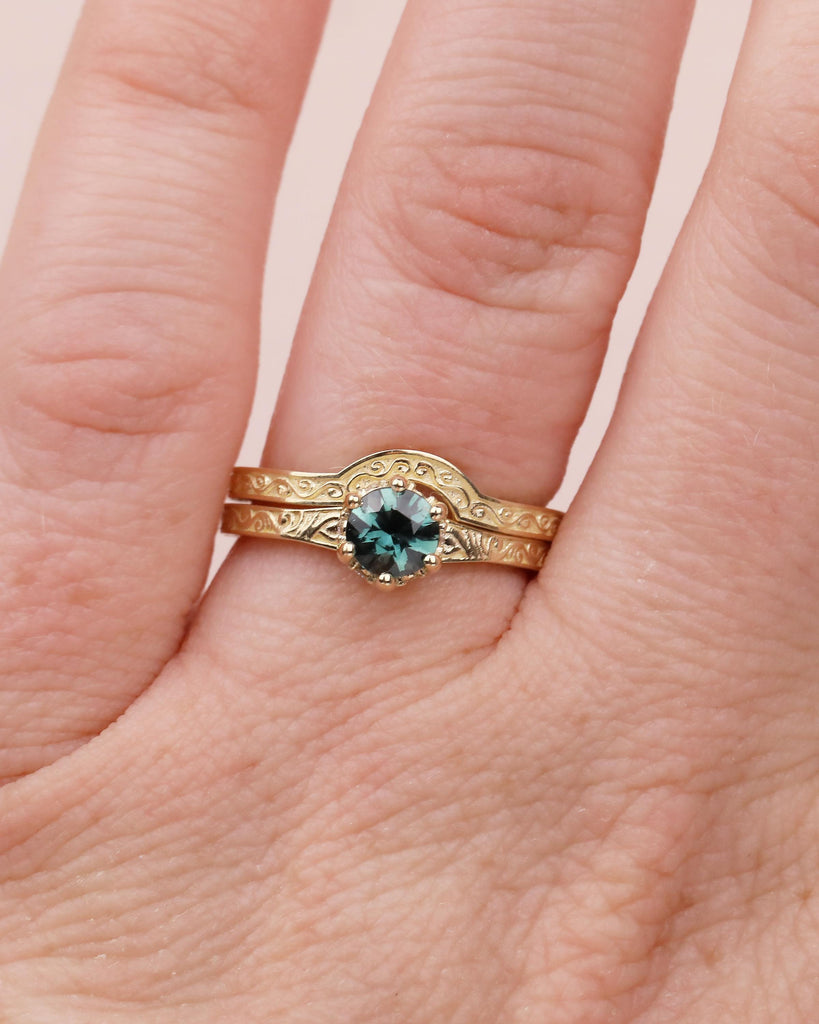 Art Deco 14k Gold Bridal Ring Set, Peacock Sapphire Engagement Ring, Birthstone Jewelry image #8