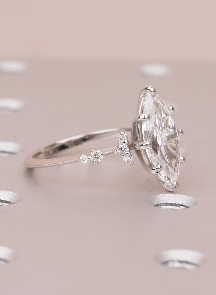 Lab Diamond Marquise Engagement Rings, Vintage Moissanite Cluster Rings For Women, Delicate 14K White Gold Promise Ring, Statement Ring image #2